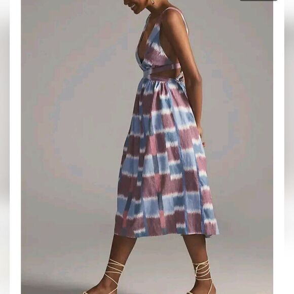 Anthropologie Deep-V Midi Cut Out Strappy Dress Blue Red Watercolor S - Picture 3 of 14